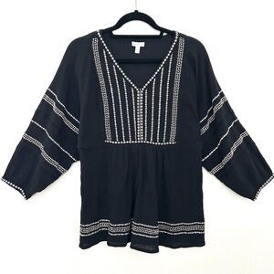 Garnet Hill Embroidered Tunic Top Blouse Boho Cotton Crinkle Gauze Size Medium